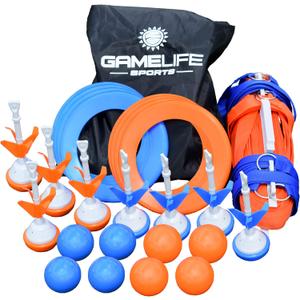 Outdoor Yard Game Premium Bocce Ball Set, up to 60 ft Nylon Court, 8 Bocce Balls, 8 Lawn Darts, 8 Flying Rings, Ground Stakes, Bag. Family Game, Teen, Boys & Girls 15 Years and Older