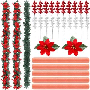 Dingion 9 ft Christmas Poinsettias Garland Decoration DIY Artificial Pine Garland with Red White Berries Picks Poinsettias Flower Ornaments for Xmas Fireplace Table Window Stairs Holiday Decor