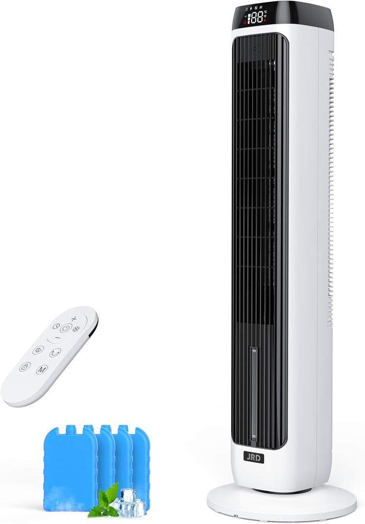 JRD 41" Air Cooler for Bedroom, Office, Large Room, Portable Evaporative Air Cooler with Ice Packs, 12H Timer, 3 Speeds, 4 Modes, 80 Oscillating Tower Fans with Remote