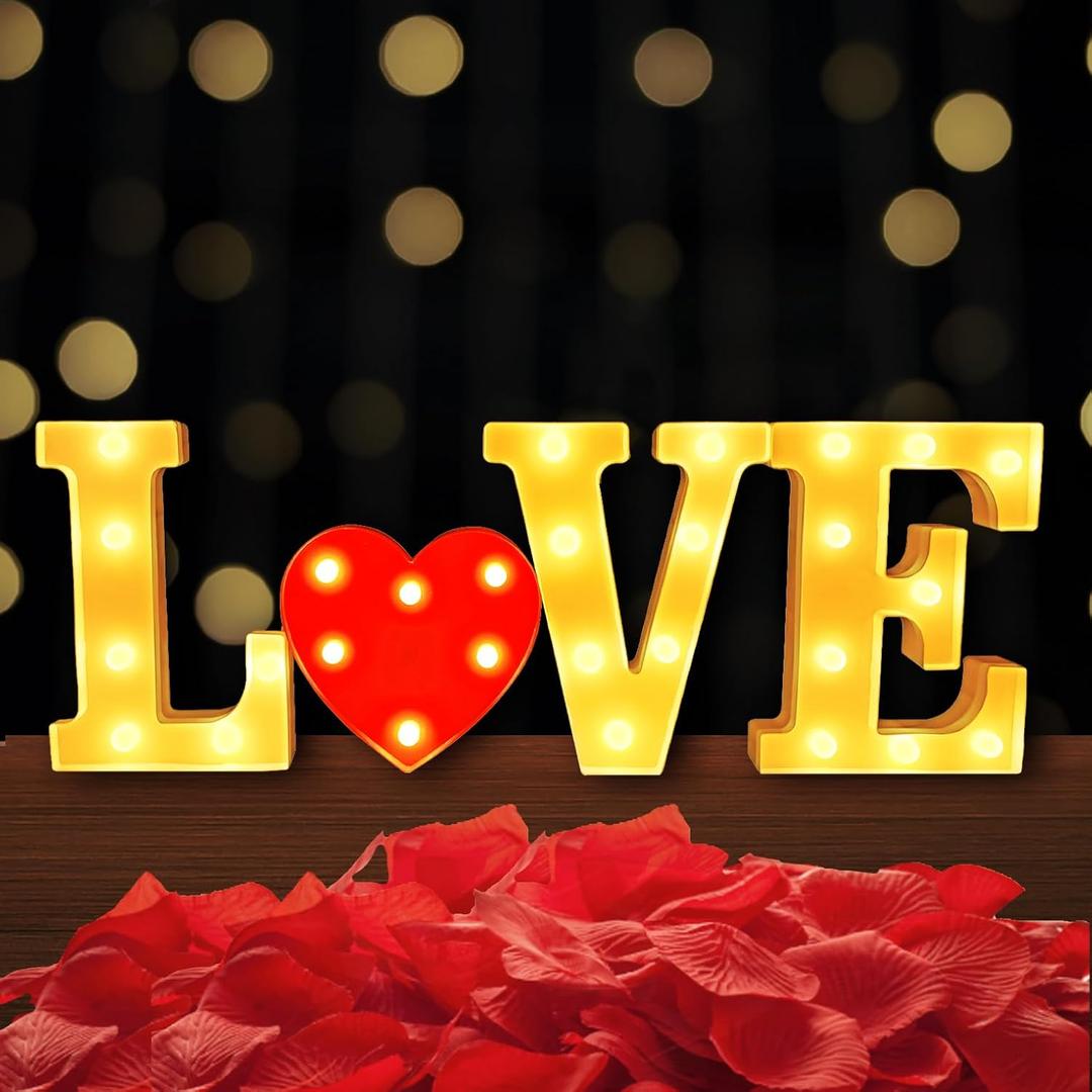 I LOVE U Light Up Letters,4Pcs Love Sign LED Lights Decor,Marquee Letters for Valentines Day Decorations,Anniversary,Special Night Party Decoration,Extra 300Pcs Rose Petals Included,Battery Powered