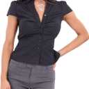Women's V Neck Ruched Button Down Shirt Cap Sleeve Collared Fitted Work Office Blouse Summer Dressy Tops (Medium, Black)