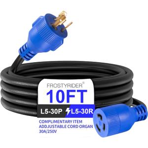 3 Prong 30 Amp 10 Foot Generator Extension Cord, NEMA L5-30P/L5-30R, 125/250V Up to 7500W 10 Gauge SJTW Generator Cord, ETL Listed
