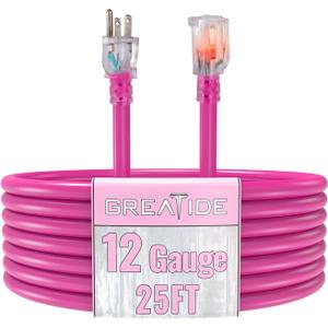 GREATIDE Outdoor Extension Cord with Lighted End, 12 Gauge Heavy Duty 25 FT, 3 Prong Grounded 15 Amp Extension Cord, 12/3 SJTW Waterproof Power Cord for Appliance, UL Listed, Pink