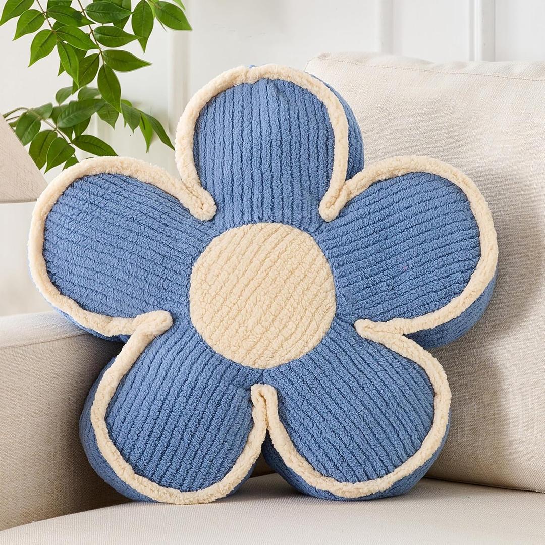 Flower Pillow Blue Flowers Shaped Cushion Decorative Daisy Pillow for Bed Couch Cute Throw Pillows (15.7 Inch)