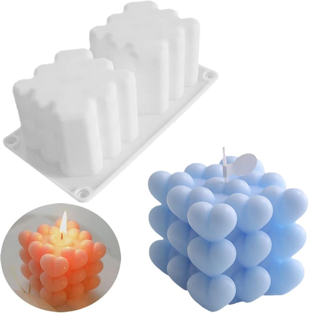 2 Cavity Heart Bubble Cube Silicone Candle Mold, DIY 3D Geometric Bubble Mold for Candle Making Resin Soap, Overlapping Heart Molds for Valentine's Day Gifts Home Decor