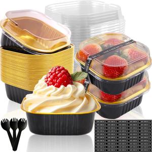 10oz Mini Cake Pans With Lids 50 Pack Aluminum Foil Square Brownie Baking Cups, Disposable Loaf Pans With Lids and Spoons Stickers, Large Cupcake Pans Muffin Tins Cake Container(Black)