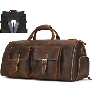 Leather Garment Bag for Men, Convertible Carry on Garment Duffel Bag for Travel Weekender Bag 2 in 1 Hanging Suitcase Suit Bag, 21.7 inches