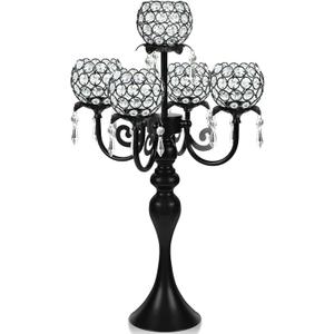 22.5" Black Metal & Crystal Tea Light Candle Holder - Wedding, Party Centerpiece for Events, Decorative Chandelier (1, Black)