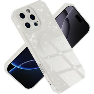 Magnetic Case for iPhone 16 Pro Max 6.9", White Glitter Luxury Slim Shine Edge Silicone Shockproof Phone Case for Women Girls (Magsafe Compatible) (White)