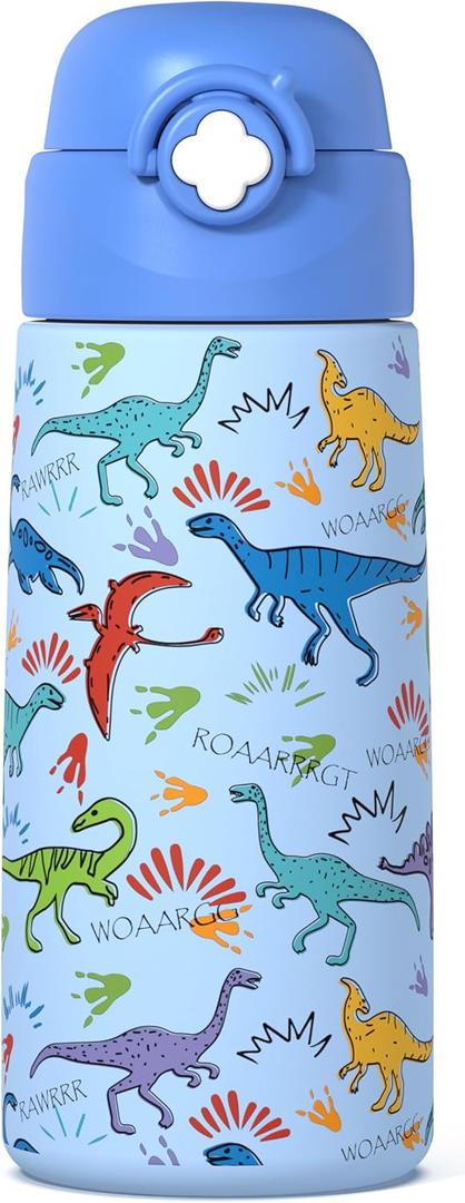 Boys Insulated Water Bottle with Covered Pop-Up Straw,16 oz Kids Cups with Stainless Steel Leak Proof for School (Blue-Dinosaur)