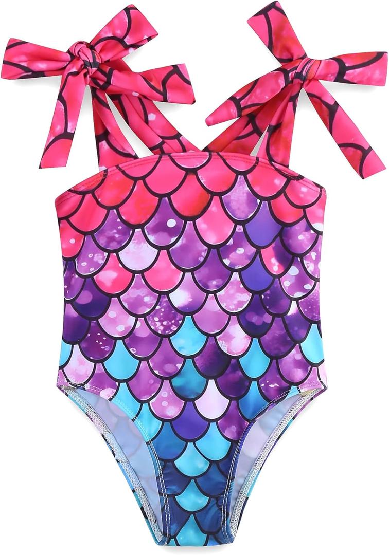 Toddler Girl Swimsuit Summer Beach Bikini Cute Stripe Girls' One-Piece Swimwear with Bow Straps 5-6T Mermaid
