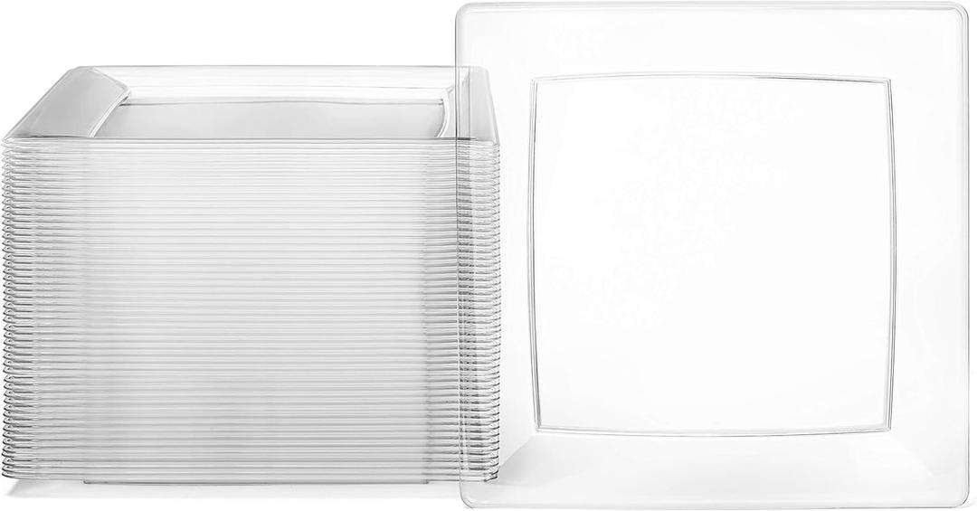 Oasis Creations Clear Square Plates Set 9" - 50 Count - Premium Hard Clear Plastic - Disposable and Reusable - Dinner - Salad - Party Plate Set - Weddings, Parties, Events & More!