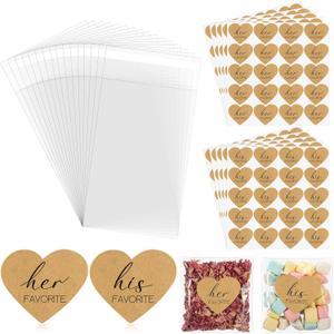Yexiya 200 Set His Her Favorite Stickers Candy Bags Wedding Favor Stickers 4x6 Inches Cellophane Bags That Seal Themselves for Wedding Favor Labels Guest Welcome Bag Stuffers Bulk