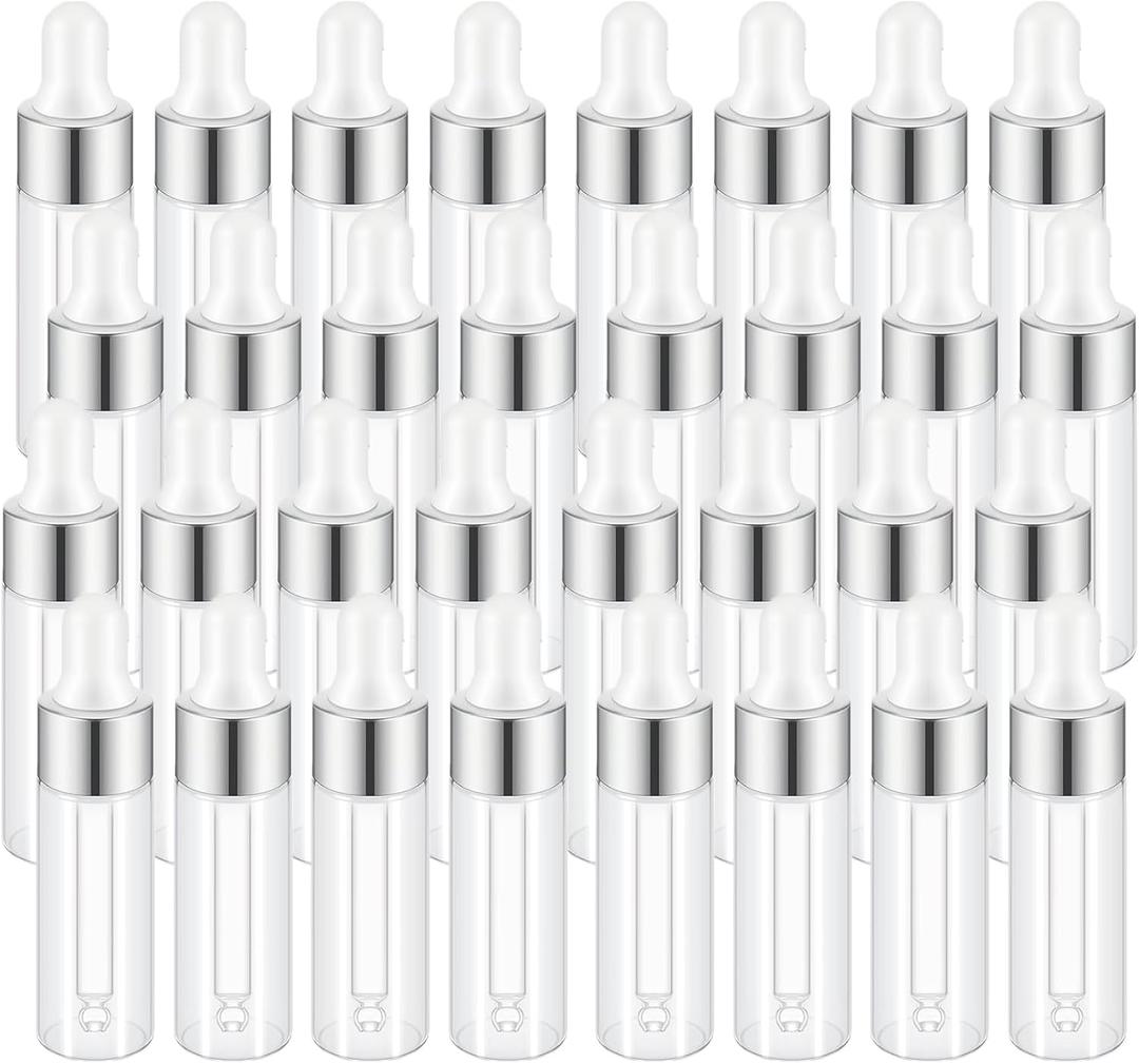 Sample Dropper Bottles, Mini Dropper Bottles with 2 Pcs Plastic Droppers for Traveling Essential Oils DIY Cosmetic Liquid Sample Perfume (Silver, 5ML)