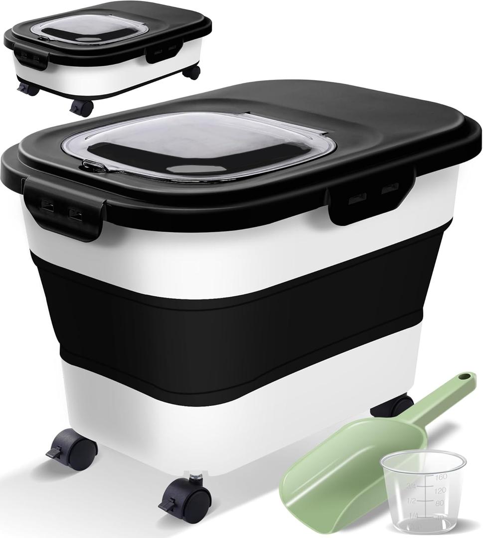 Collapsible Dog Food Storage Container with Lids, Airtight Rice Flour Cereal Sugar Cat Pet Bird Seed Containers Dispenser Bin Bucket with Rolling Wheel, 20 25 30 Lbs Plastic Sealable Kitchen Holder (Black)