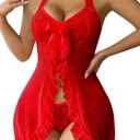 Women Lingerie Sexy Open Front Lace Babydoll Dress with Thong Halter Mesh Nightgown (Red, S)
