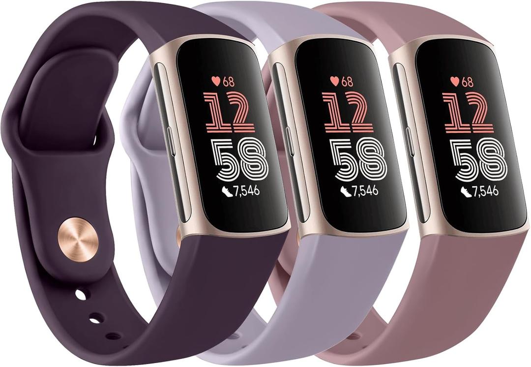 Amzpas Bands for Fitbit Charge 6 Bands, Fitbit Charge 5 bands Women Men - 3 Pack, Soft Silicone Adjustable Waterproof Sport Strap (Dark Cherry + Taro Purple + Smoky Purple)