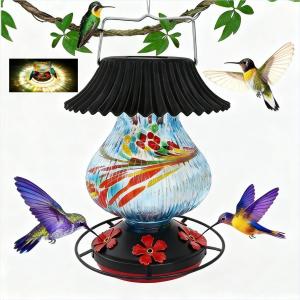 Solar Glass Hummingbird Feeder for Outdoors- 26 fl.oz Best Hummingbird Feeders with Ant Moat & Perch - 5 Feeding Ports - Wasp Leak Proof- Hand Blown Glass Color Changing Glowing in Dusk