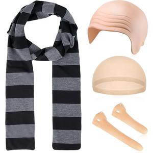 5 Pcs Halloween Costume Accessories for Adult Men, Black and Gray Striped Scarf Fake Nose Latex Bald Head Wig Cap Cosplay Classic Characters Halloween Party Set