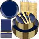 NOCCUR 350PCS Navy Blue Plastic Plates - Blue Disposable Dinnerware Set for 50 Guests, 100 Dinner/Dessert Plates, 150 Gold Silverware, 50 Cups&50 Napkins for Party/Wedding/Hanukkah
