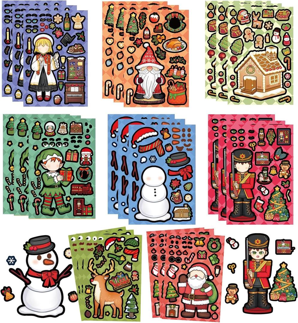 24 Sheets Christmas Stickers for Kids, Make a Face Sticker, Make Your Own Christmas Characters Mix and Match Stickers Santa Reindeer, Xmas Holiday Party Favor Supplies