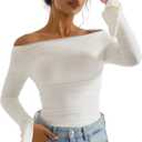 OMKAGI Women Long Sleeve Tops Boat Neck Off Shoulder Shirts Fitted Going Out Y2K Crop Top (White, XS)
