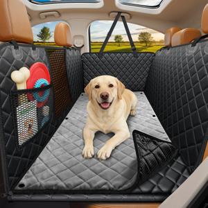 URPOWER Dogs Back Seat Extender with Non-Slip Blanket, 2 in 1 Hard Bottom Dog Car Seat Cover & Removable Dog Car Bed Mat, Waterproof Dogs Hammock for Car and SUV, Pet Rear Seat Protector Holds 400lbs (Medium - For Most Sedans & SUVs, Black with Grey)