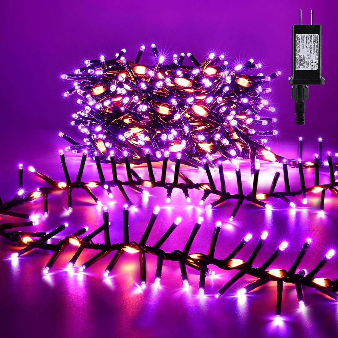 Brizled Outdoor Halloween Lights, 372 LED 17 Modes Orange & Purple Halloween Cluster Lights with Timer, 19.6FT Waterproof Spooky Light Plug in, Orange Purple Light Black Wire for Indoor Outdoor Decor