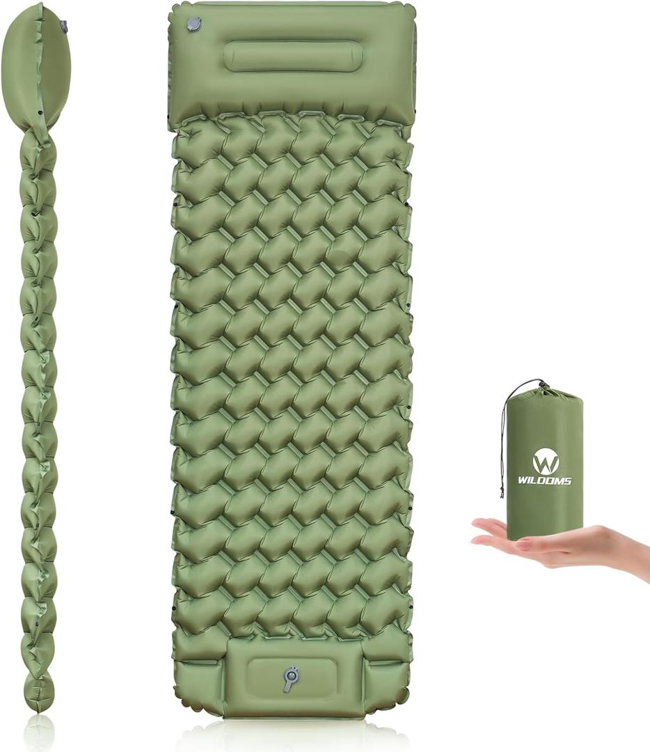 Sleeping Pad for Camping - 4 Thick Inflatable Camping Mat with Built-in Pump & Pillow, Ultralight Self Inflating Camping pad, Backpacking Sleeping Mat for Hiking, Tent, Traveling (Olive Green)
