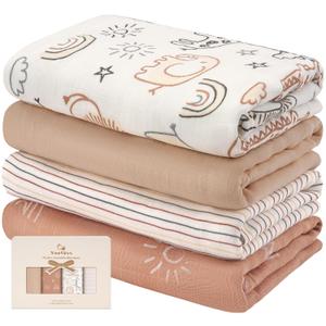 Yoofoss Muslin Swaddle Blankets, Organic Baby Blankets, 47 x 47 Inches Receiving Blanket for Baby Boys and Girls, Baby Essentials for Newborns Soft Breathable (Brown Animals)
