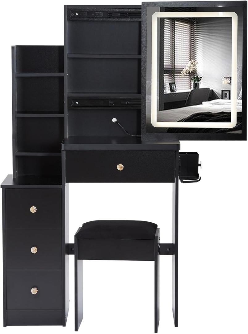 Modern Black Makeup Vanity Set with LED Lights,5 Drawers,Open Shelves,Blower Machine Holder,Solid Wood Vanity Desk with Mirror and Chair for Bedroom,Black