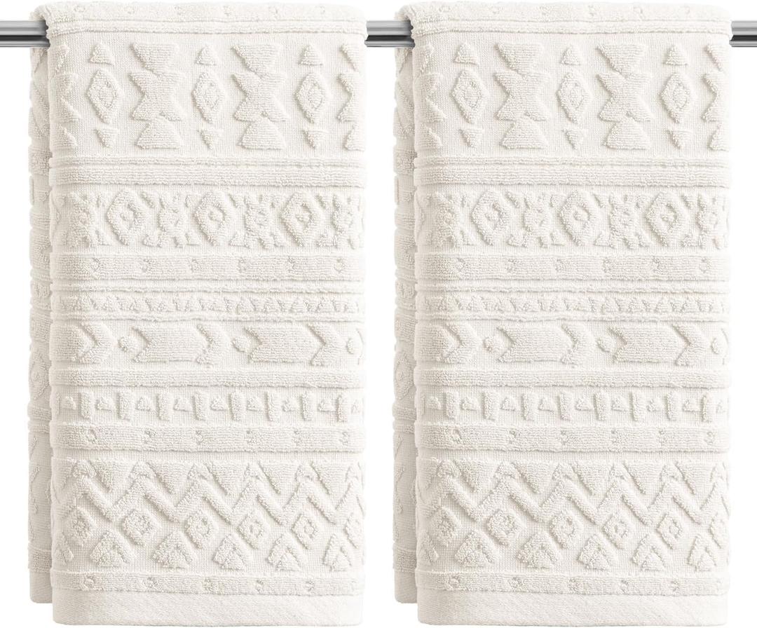 Artoid Mode 2 Pcs White 3D Geometric Design Jacquard Hand Towels for Bathroom, 100% Cotton Soft Absorbent Bathroom Decor Towels, 13.7 x 29.5 Inch