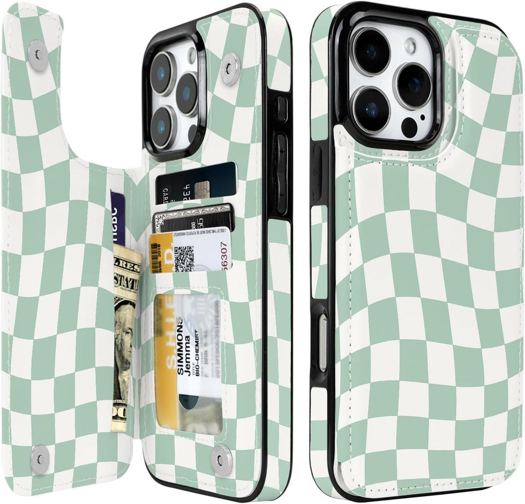 Compatible with iPhone 16 Pro Max Case Wallet with Card Holder, Flip PU Leather Built-in Card Slots, Kickstand and Shockproof Case for iPhone 16 Pro Max 6.9 inch Women Men (Green Checkerboard)