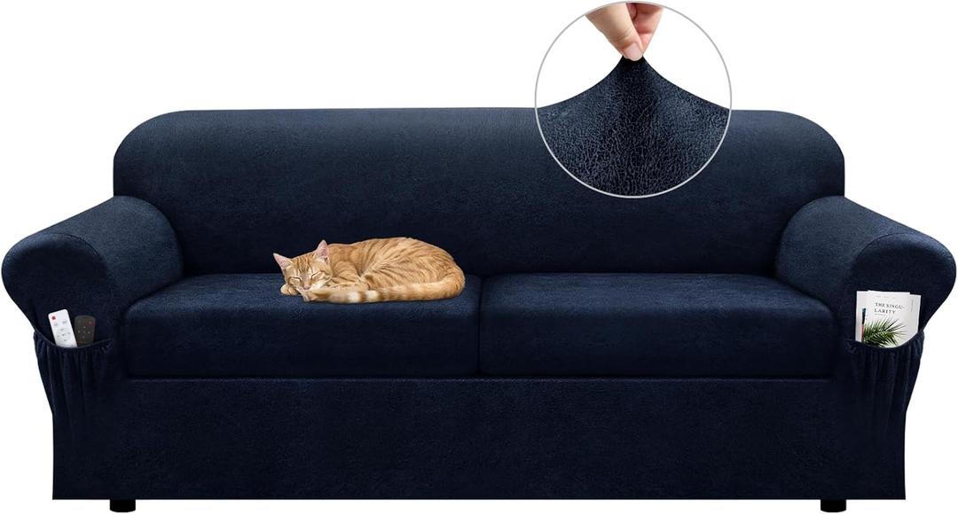 Sofa Slipcover with Armrest Pockets 3-Piece Set, Stretch Faux Leather Couch Cover for 2-Cushion Couches(Fits 72-92") - Non-Slip, Machine Washable, Pet & Kid Friendly - Navy