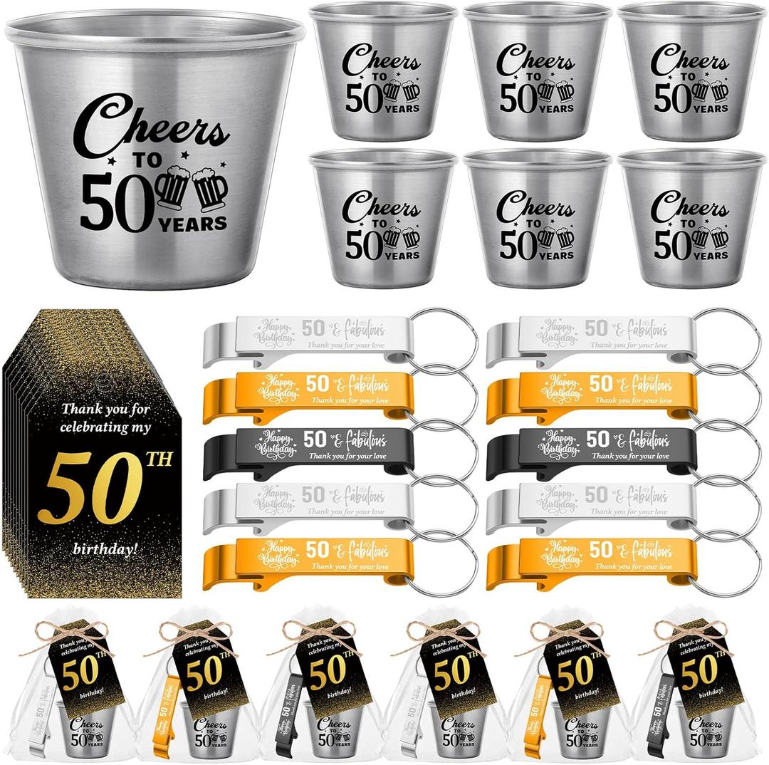 Domensi 30 Sets 50th Birthday Party Favors for Guests Bulk Include Cheers to 50 Years Short Cups Beer Bottle Opener Keychains Thank You Cards with Gift Bags and Ropes for Birthday Party Gifts