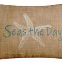 Emvency Linen Throw Pillow Cover Seas Day Vintage Beach Starfish Canvas Look Decorative Pillow Case Whimsical Home Decor Rectangle Queen Size 20x30 Inch Cushion Pillowcase