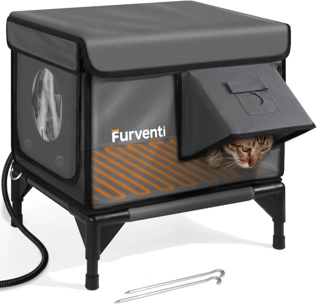 Outdoor Heated Cat House in Winter, Extremely Insulated & Weatherproof,Elevated Feral Cat Shelter with Waterproof Eaves & Escape Door for Outside Stray Barn Cat (Dark Grey,S.) (16.7"L x 12.6"W x 17.7"H)