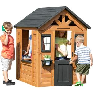 Backyard Discovery Sweetwater Cedar Wooden Kids Playhouse Cottage with Play Kitchen, Snack Bar, Half Door, Toy Phone, Windows, Flowerpot Holders, and Working Doorbell for Outdoor Imaginative Play (Light Brown)