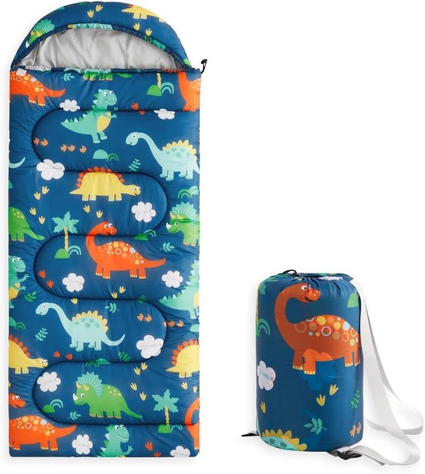Wake In Cloud - Kids Sleeping Bag for Boys Toddlers, Camping in Warm Cold Weather, Backpacking Lightweight Compact Outdoor Liner for 3 Seasons Summer Spring Fall (Standard 61x26, Dinosaur Navy)