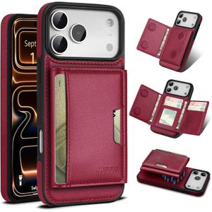 for iPhone 17 pro Wallet Case, 2-in-1 Detachable Wallet Case, Card Holder RFID Blocking, Fashionable Faux Leather Card Slot & Folding Design (Red)