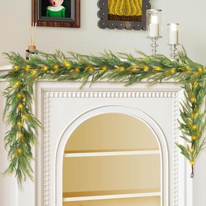 6 FT Artificial Christmas Norfolk Pine Garland, Real Touch Pine Garland with 20 LED Lights, Mixed with Noble Fir, Heavier and Larger, Timer, Perfect for Table Window Mantel Indoor Outdoor