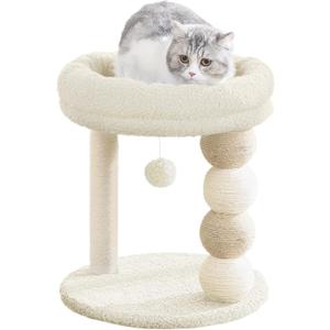 2025 Upgraded YOCAN Small Cat Tree for Indoor Cats, Sturdy Cat Tower with Reinforced Sisal Scratching Posts, Cozy Plush Top Perch & Hanging Toy Ball for Kittens and Small Cats-White