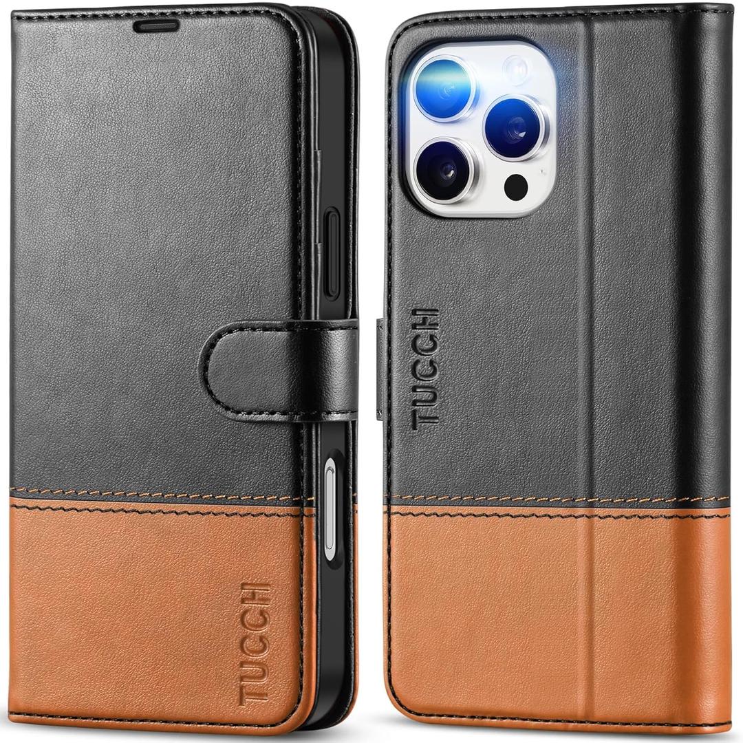 TUCCH Wallet Case for iPhone 16 Pro Max, [RFID Blocking] 4 Card Slots Kickstand [Shockproof TPU Interior Case] PU Leather Magnetic Flip Phone Cover Compatible with iPhone 16 Pro Max, Black&Brown