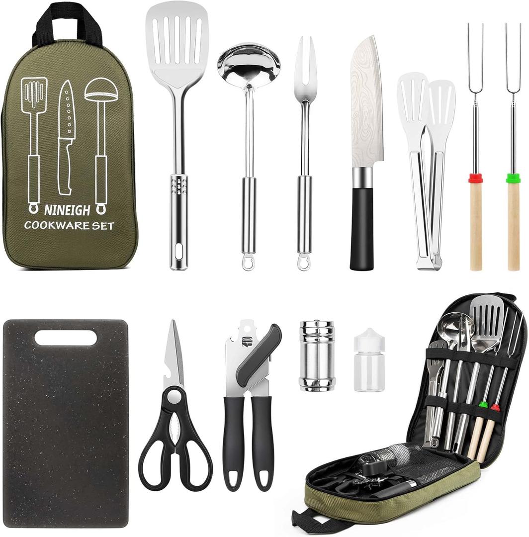 Camping Cooking Utensils Set, Stainless Steel Grill Tools, Camping BBQ Cookware Gear and Equipment for Travel Tenting RV Van Picnic Portable Kitchen Essentials Accessories (Green-13 PCS)