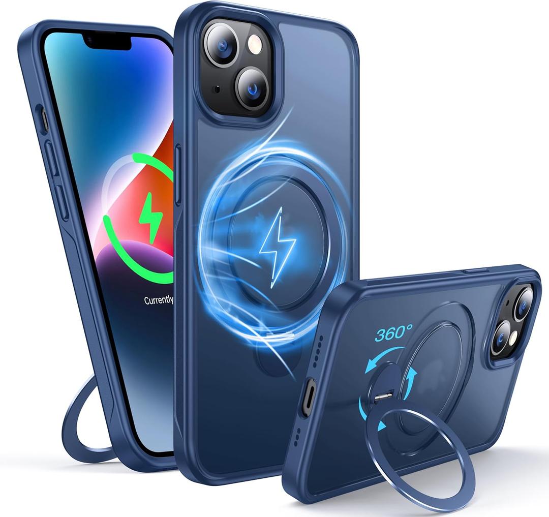 360Rotatable Magnetic Ring for iPhone 14 Plus Case/iPhone 15 Plus Case Compatible with MagSafe [Non-Slip Texture][Built-in Kickstand][Military Shockproof] Translucent Matte Silicone Slim, Blue