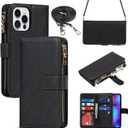 iCoverCase Compatible with iPhone 14 Pro Crossbody Case with Strap for Women, Wallet Phone Case with Card Holder, Zipper Purse PU Leather Flip Cover Case 6.1 Inch (Black) (Not Detachable (Long Strap)--Black)