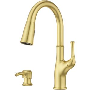 Pfister Alderwood Kitchen Faucet with Pull Down Sprayer and Soap Dispenser, Single Handle, NSF Certified, Brushed Gold Finish, F5297AWBG