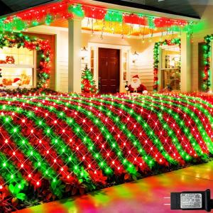 Pooqla Christmas Net Lights, 300LED Outdoor Net Mesh Lights, 14.8x4.9 ft Fairy String Lights 8 Modes Green Wire, Connectable Waterproof Decorative for Bushes Tree Yard, Red and Green