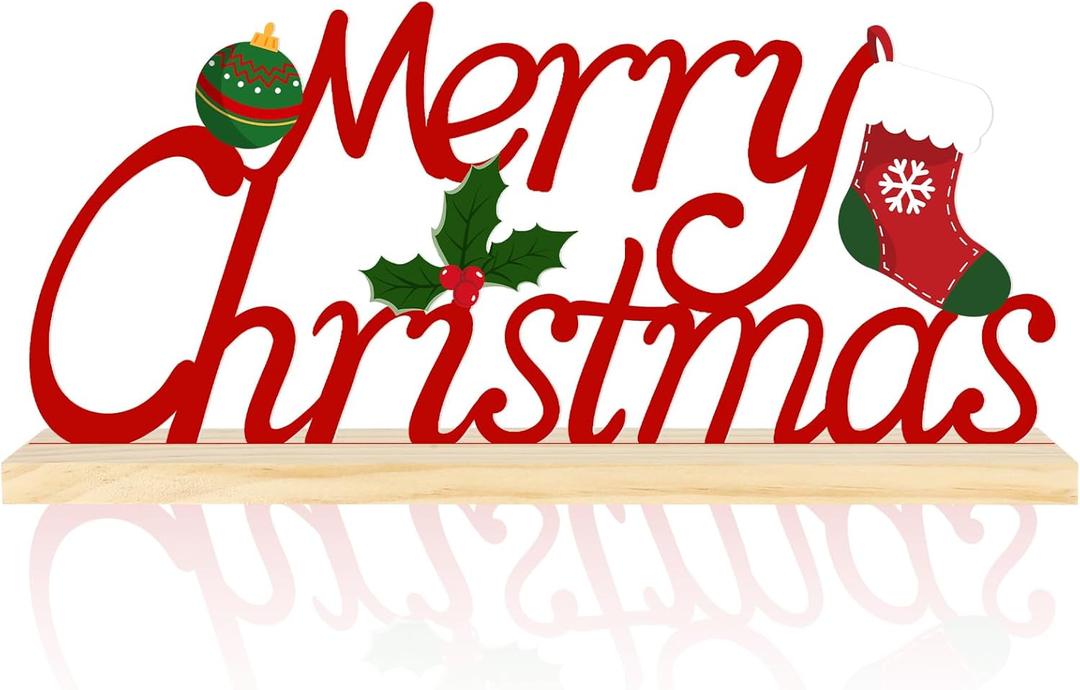Metal Tabletop Decoration with Wood Base, Holiday Decorations for Home, Office, Shelf, Mantel, Indoor, Xmas Centerpiece Sign for Party Supplies