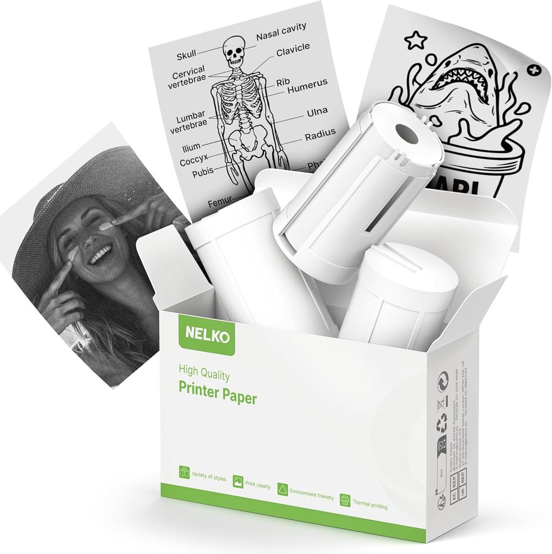 Nelko Genuine Self-Adhesive Thermal Printer Stickers, Compatible with PM230 Mini Sticker Printer, Black on White, 54 mm x 3.5 m Mini Sticker Printer Paper for Journal, Study, Photos, Note, 3 Rolls, White